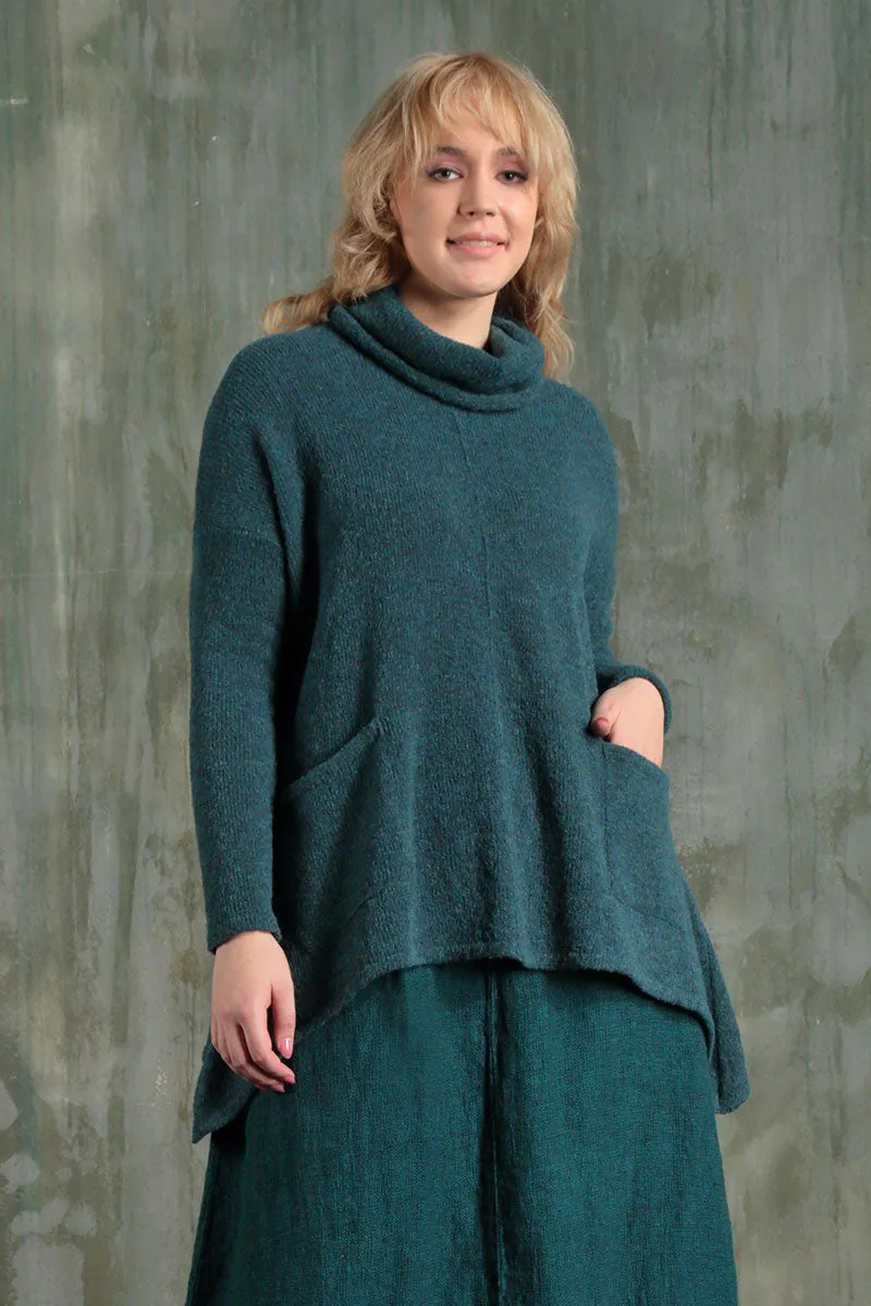 Longer Back Turtleneck Teal Wool Sweater