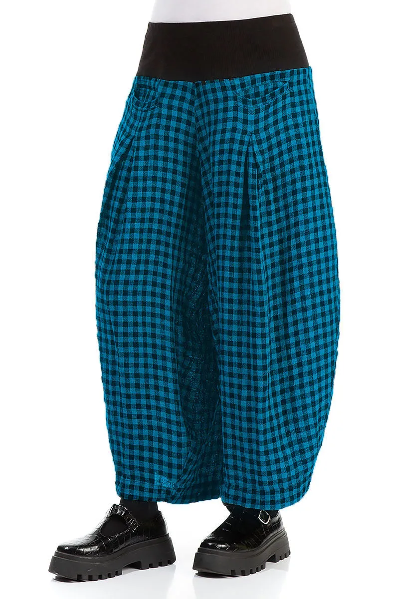 Loose Blue Check Linen Trousers