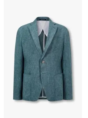 Men s No Cut Lapel Linen Single Jacket Blue Green