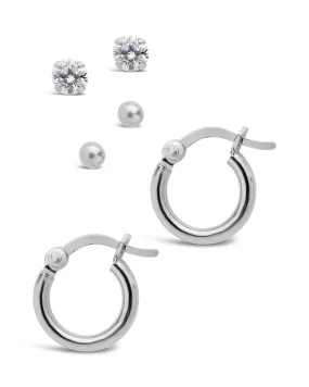 Men's Sterling Silver Stud & Hoop Earring Set of 3