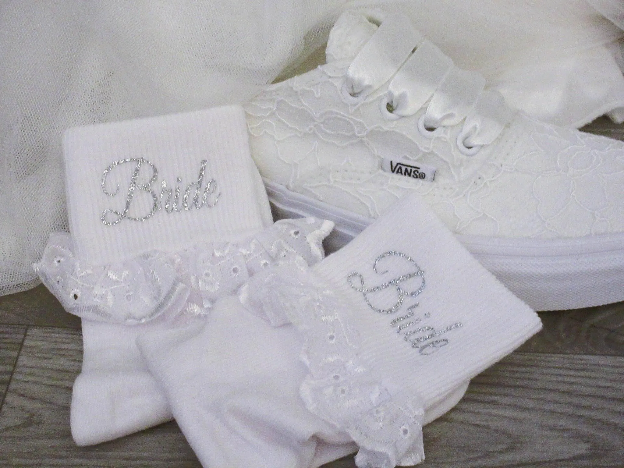 "Bride" White Frilly Wedding Socks