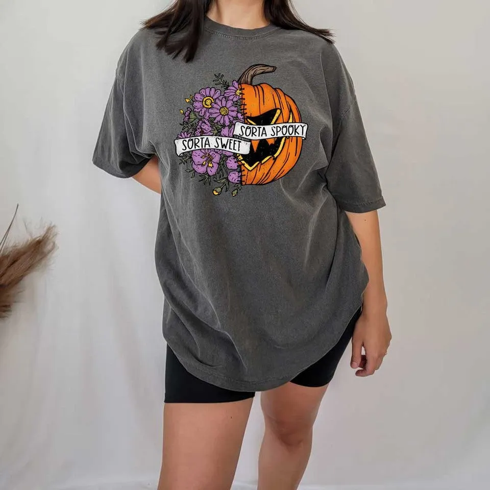 "Sorta Sweet Sorta Spooky" Pumpkin And Flowers Top - Unisex Shirt