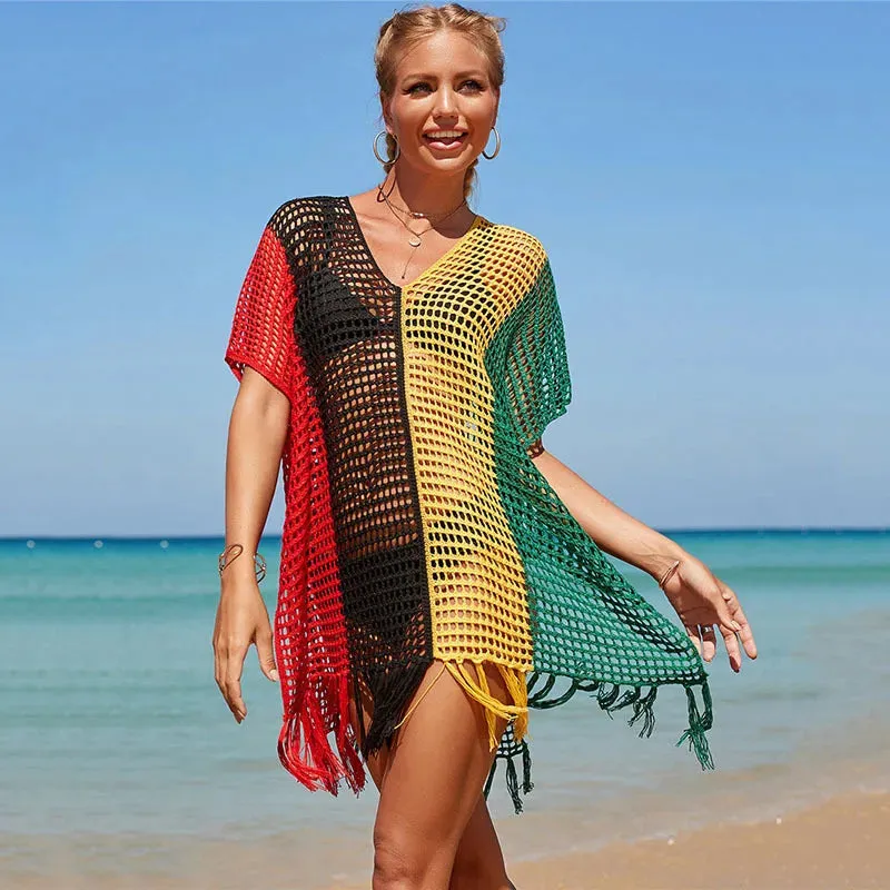 Raiinbow Striped Crochet Tunic Sexy Hollow Out Bikini Cover-ups Tassel Mesh Beach Dress Women Beach Wear Swim Suit Cover Up