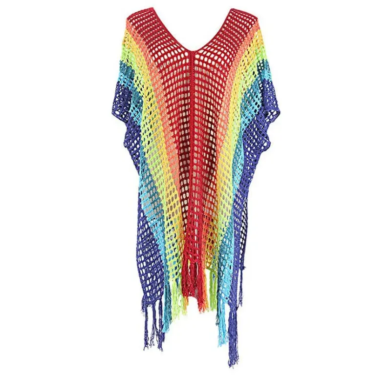 Raiinbow Striped Crochet Tunic Sexy Hollow Out Bikini Cover-ups Tassel Mesh Beach Dress Women Beach Wear Swim Suit Cover Up