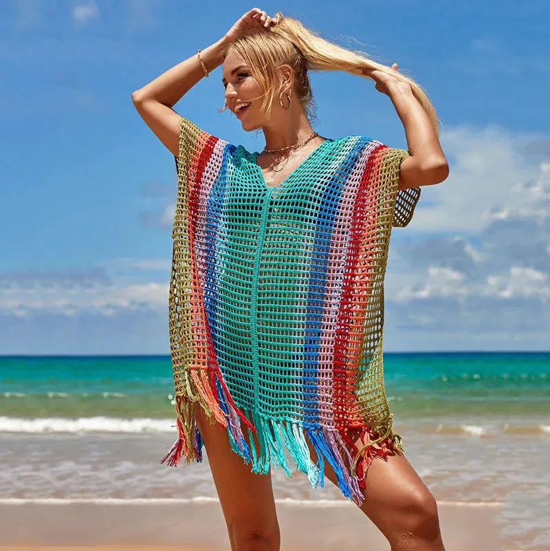 Raiinbow Striped Crochet Tunic Sexy Hollow Out Bikini Cover-ups Tassel Mesh Beach Dress Women Beach Wear Swim Suit Cover Up