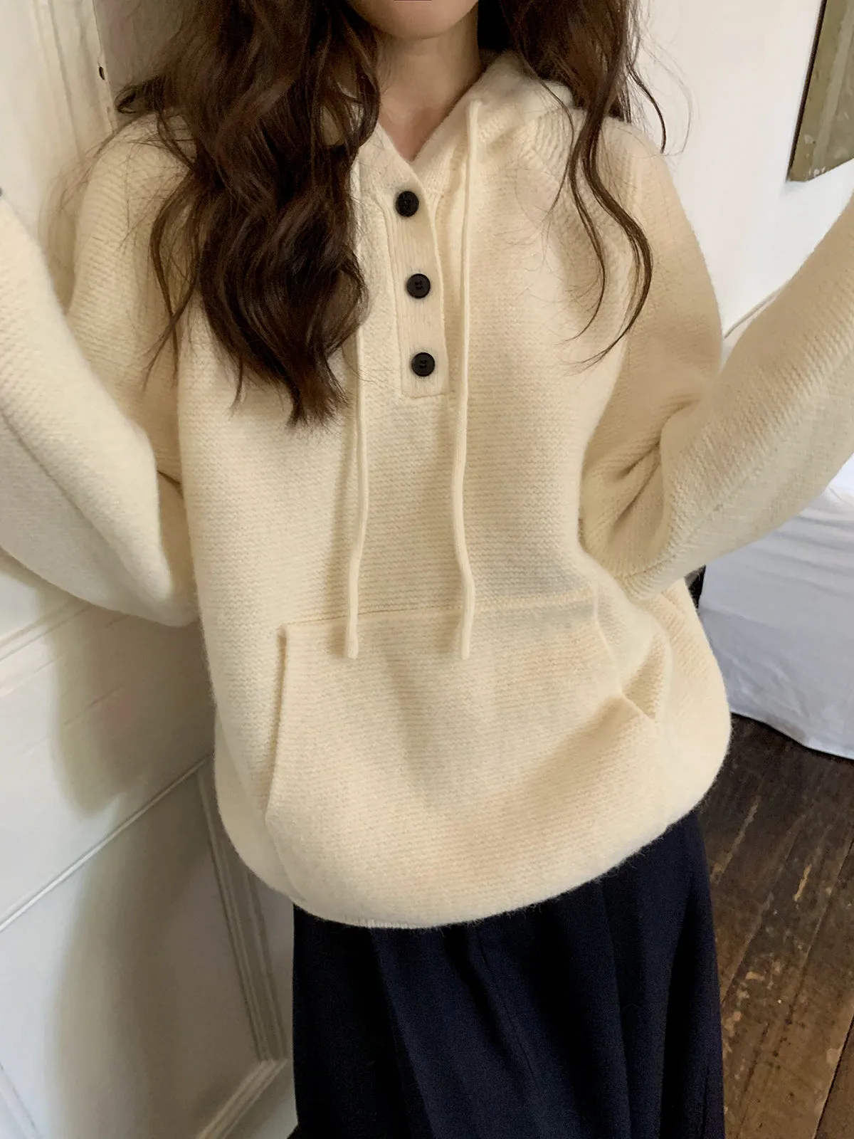 Relaxed Revival Loose Contrast Pullover Knit Hoodie