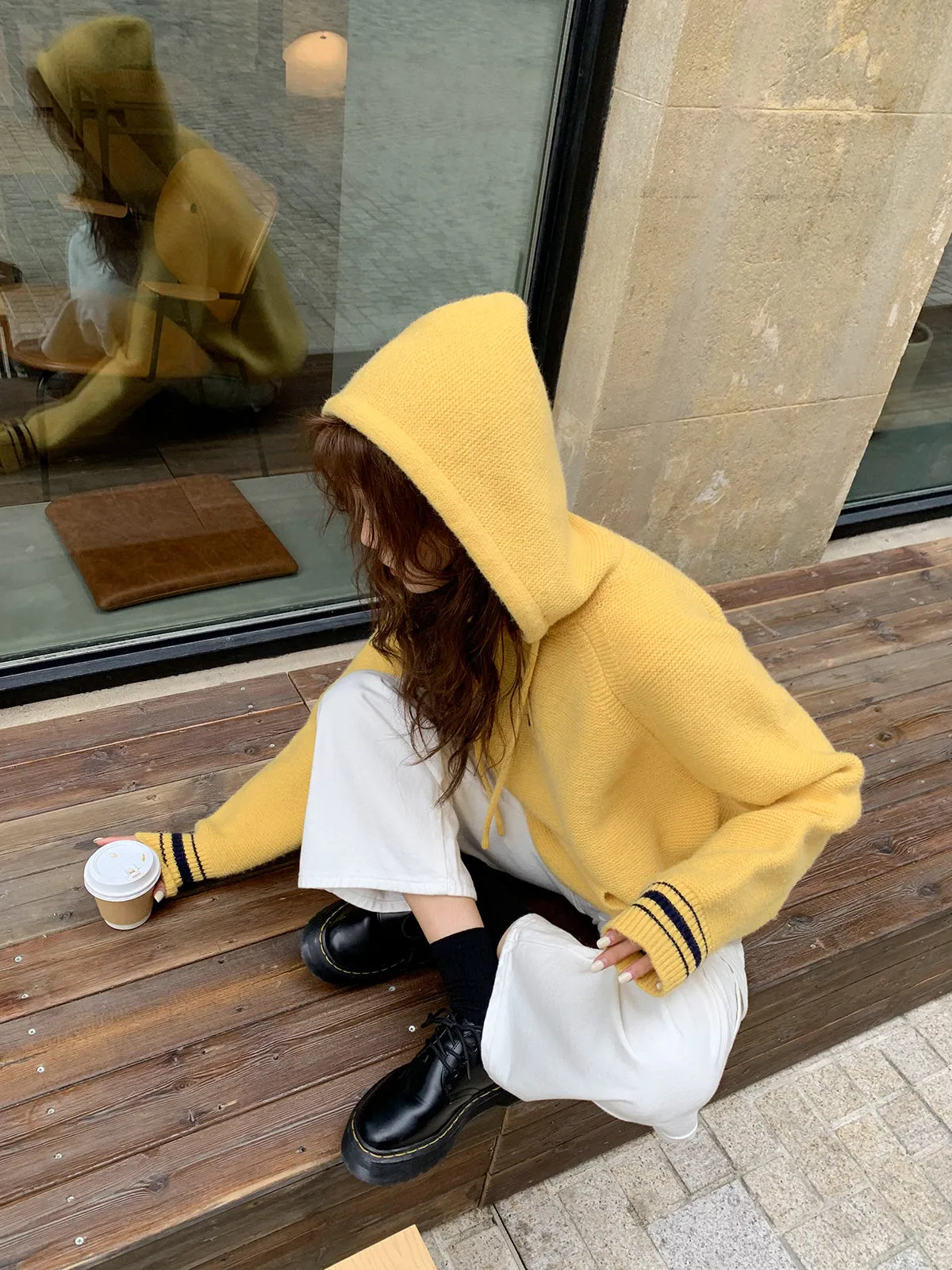 Relaxed Revival Loose Contrast Pullover Knit Hoodie