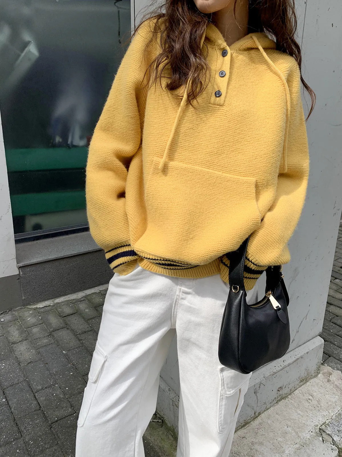 Relaxed Revival Loose Contrast Pullover Knit Hoodie