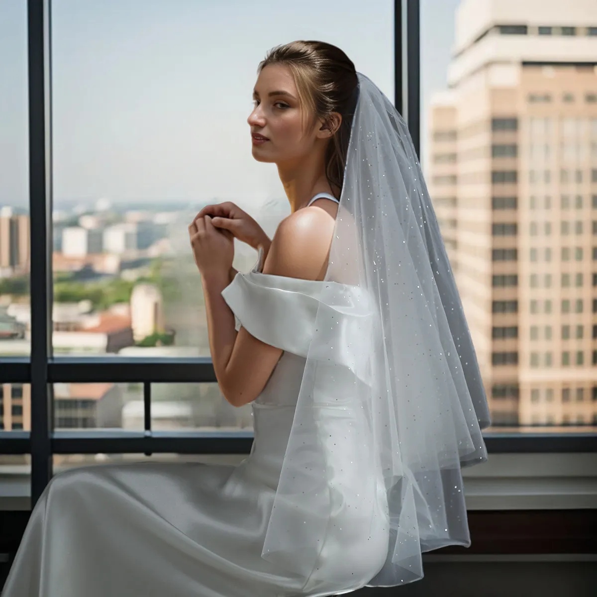 Short Sparkly Wedding Veil with Blusher VG3057