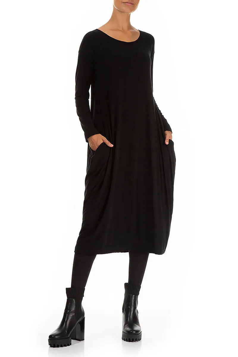 Side Drop Black Cotton Dress