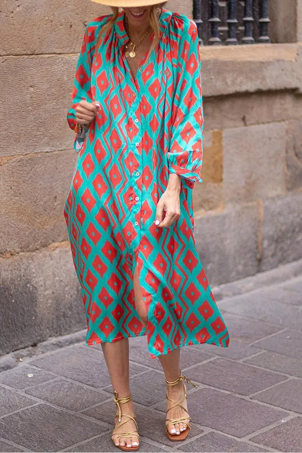 Sky Blue Geometric Print Split Neck Loose Shirt Dress