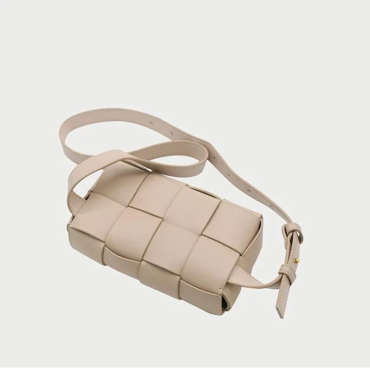 Versatile Calfskin Leather Squared Woven Bag with Interchangeable Gold Chain and Leather Straps, Minimalist Crossbody Bag, Waist Bag