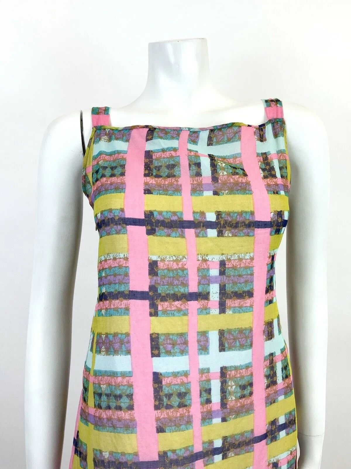 VINTAGE 60s 70s BLUE PINK YELLOW CHECKED BATIK MOD SHEER STRAPPY MINI DRESS 6 8