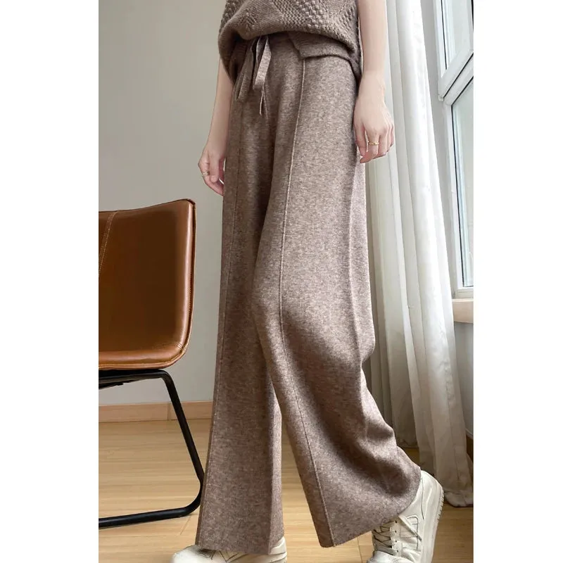 Wide Fashion Leisure Loose High Waist Elastic Solid Knitting Autumn New Pants