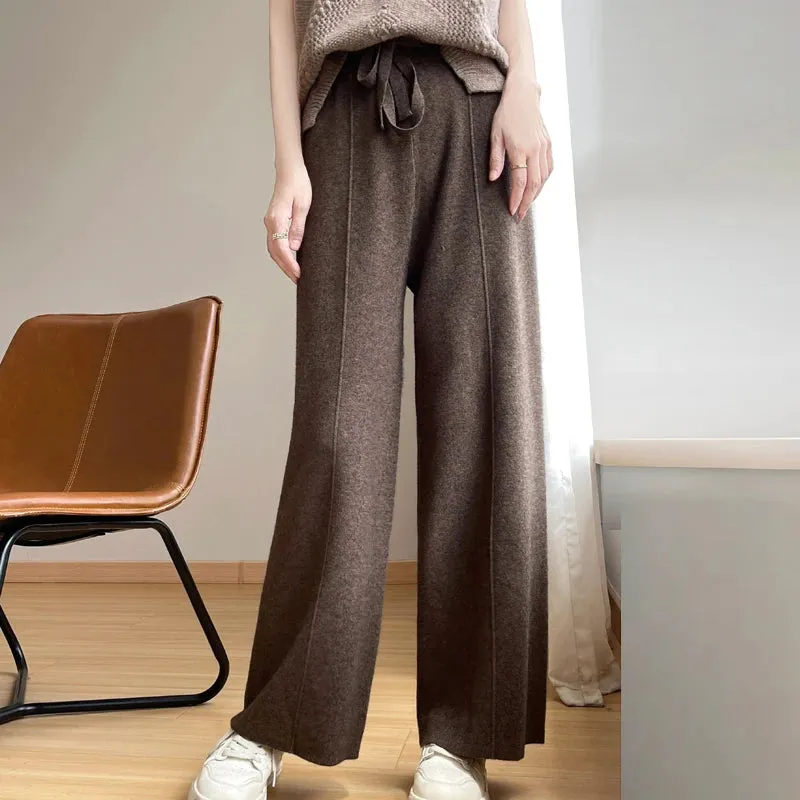 Wide Fashion Leisure Loose High Waist Elastic Solid Knitting Autumn New Pants